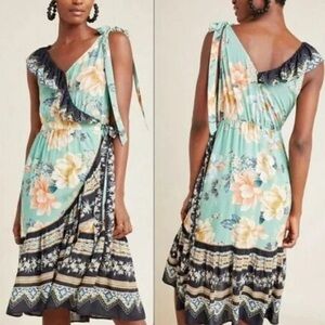 Anthropologie x Farm Rio Floral Green Black One Wrap Dress